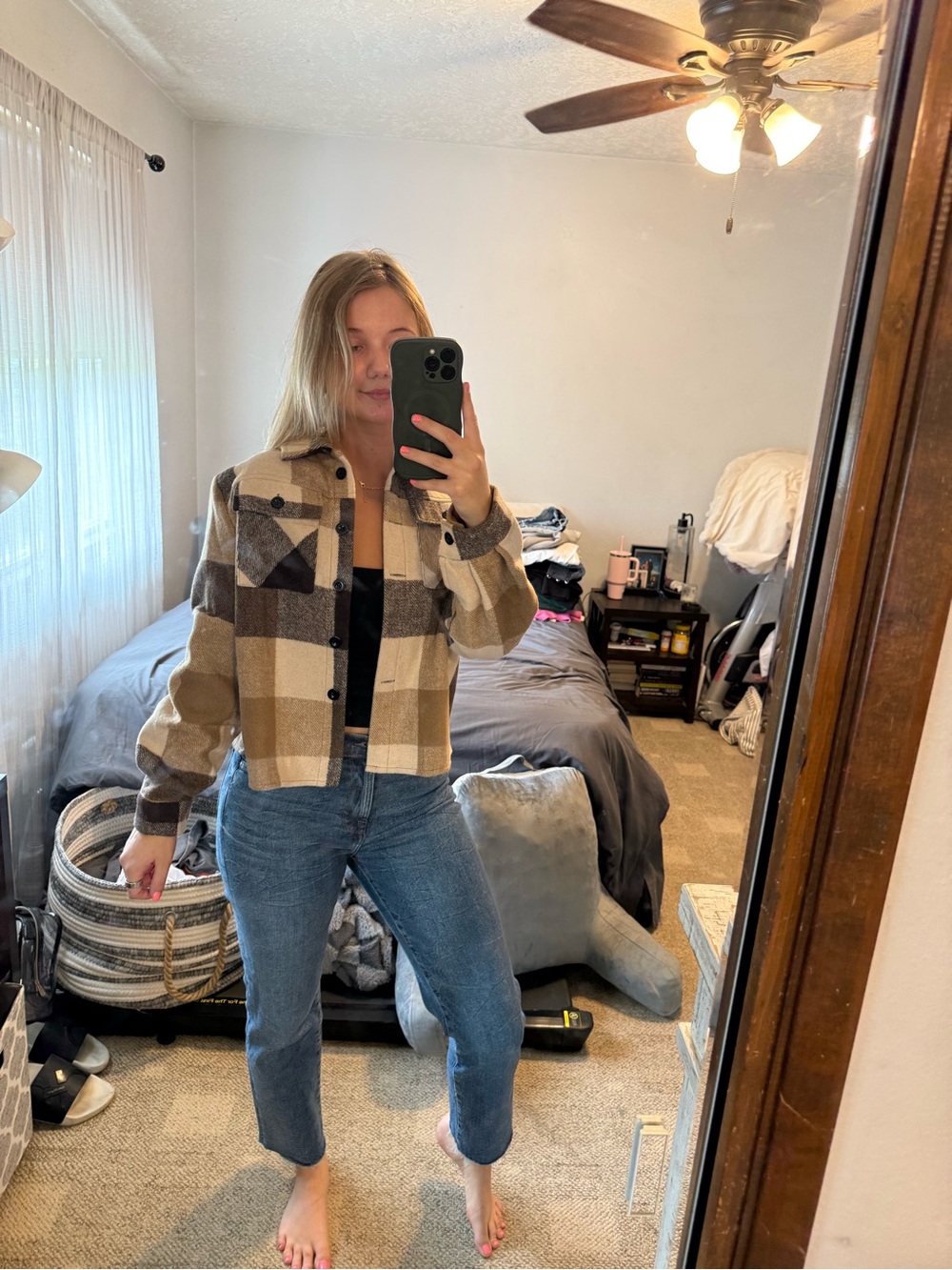 Beige and Brown Plaid Cropped Shacket Jacket